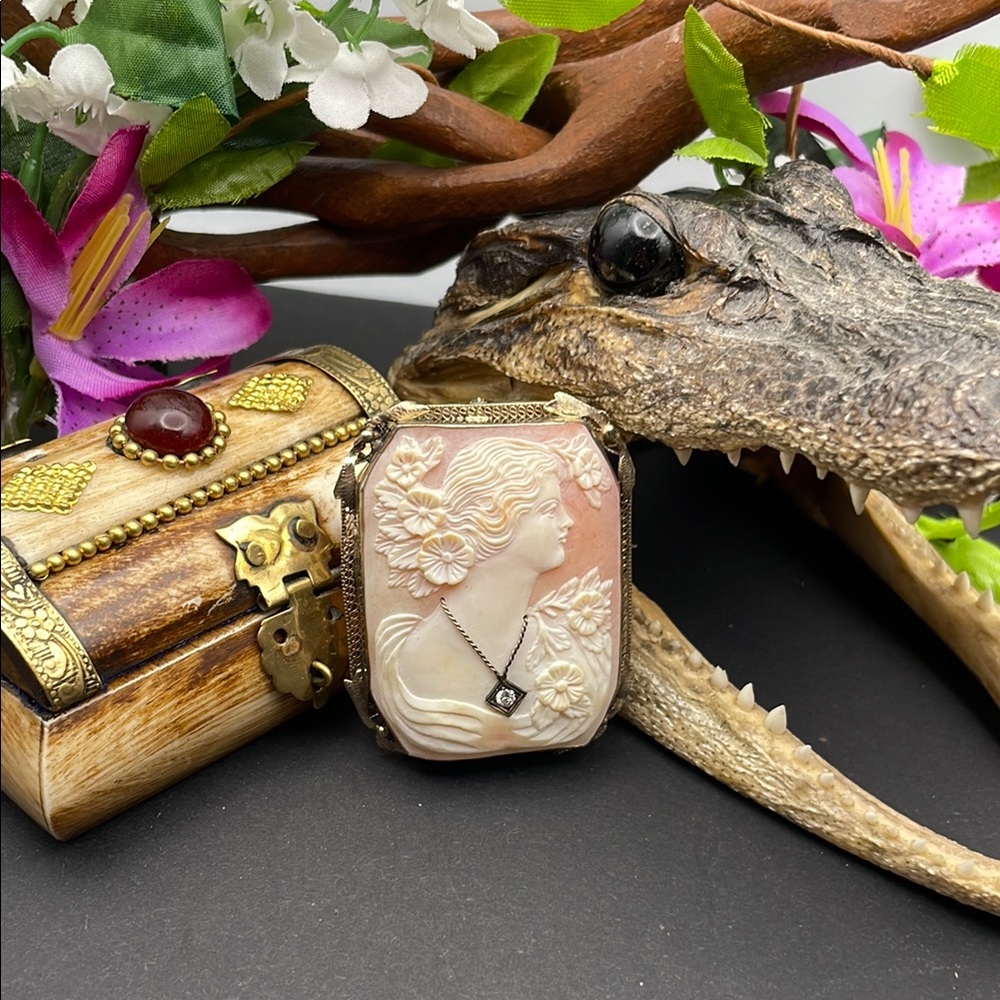 14k Shell Cameo Brooch with Diamond vintage 🔥